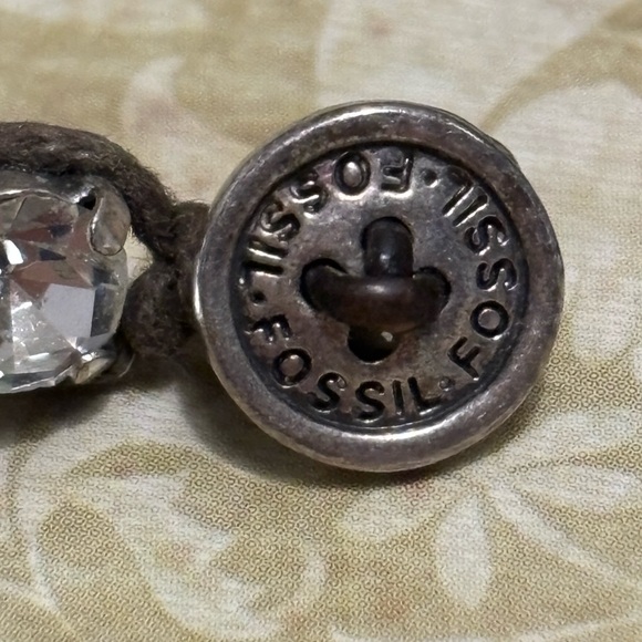 Fossil Silver Tone Brown Leather Wrapped Crystal Button Bracelet 7-1/2” - Picture 6 of 7
